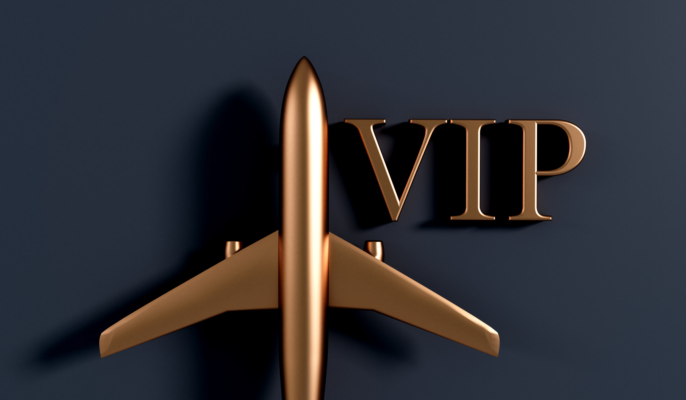 VIP airplane travel service gold background. 3D Rendering